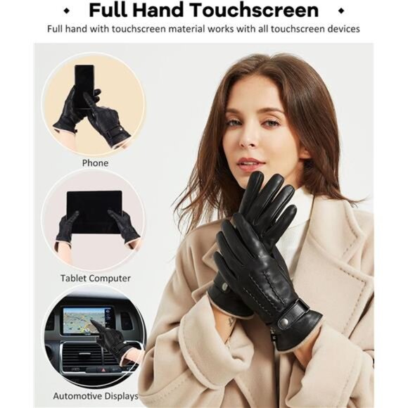 Women's Leather Gloves Full Hand Touchscreen Winter Gloves - Picture 4 of 6